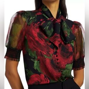 Alice and Olivia Bentley Tie Neck Puff Sleeve Blouse. Red & Green!